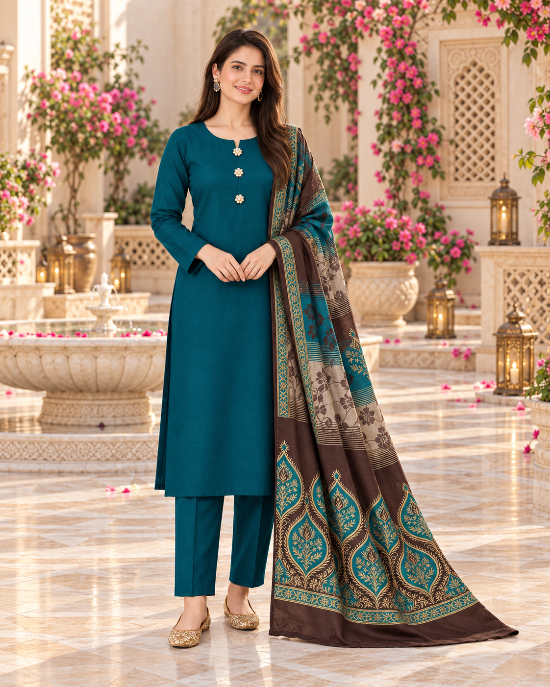 AI styling preview of a peacock teal suit and brown patterned dupatta in a cream fountain courtyard, front view.