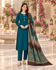 AI styling preview of a peacock teal suit and brown patterned dupatta in a cream fountain courtyard, front view.