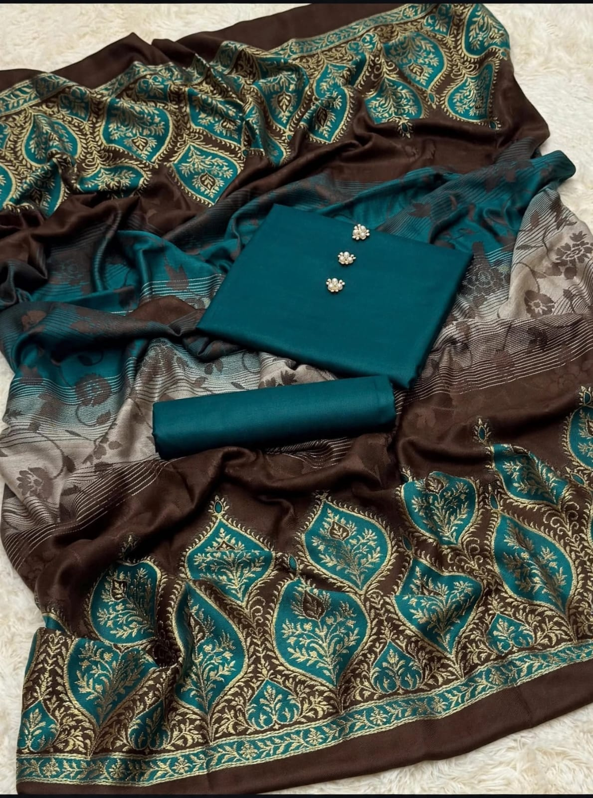Original photograph of the actual teal suit fabric and patterned dupatta.