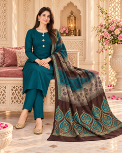 AI seated styling view of a teal suit on a blush-cushioned cream bench.