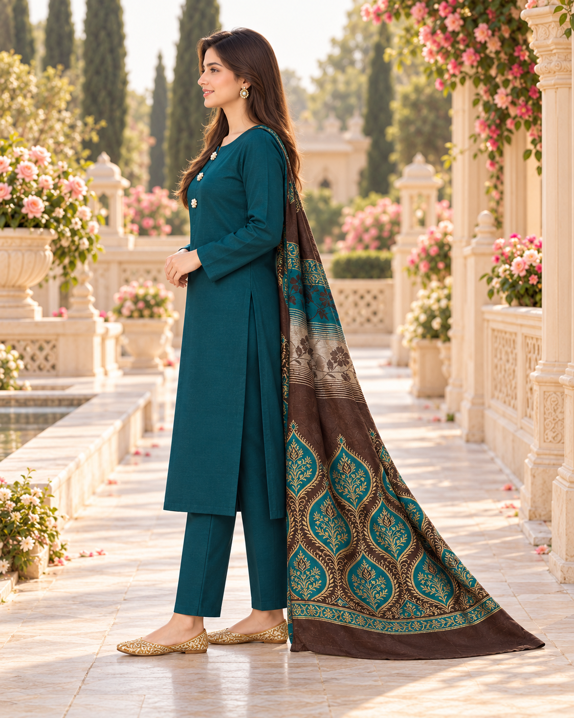 AI side styling view of a teal suit and brown dupatta beside a rose garden walkway.
