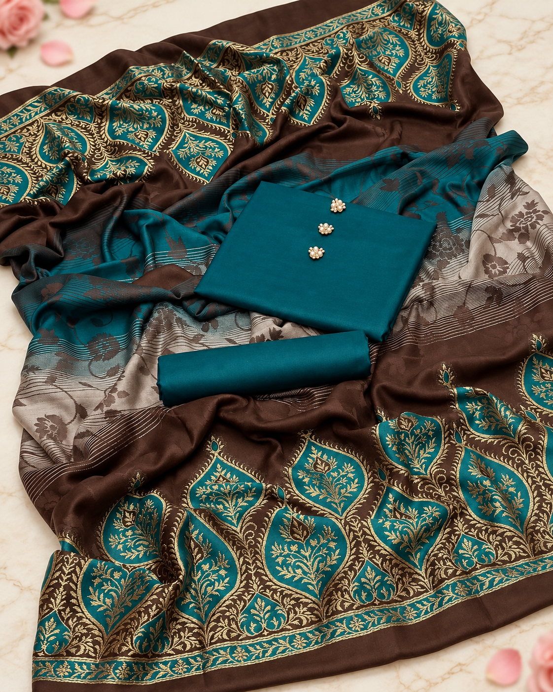 AI-retouched flat lay of teal fabric, pearl-style floral details and a brown, teal and gold-tone dupatta.