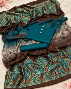 AI-retouched flat lay of teal fabric, pearl-style floral details and a brown, teal and gold-tone dupatta.