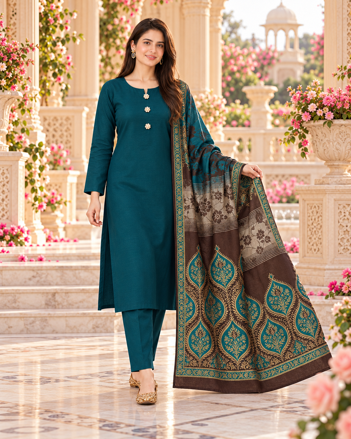 AI walking styling view of the teal suit with the dupatta border displayed on a cream terrace.
