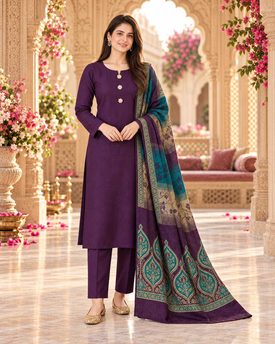 AI styling preview, front view of a plum purple suit with teal and gold motif dupatta in a cream floral haveli setting.