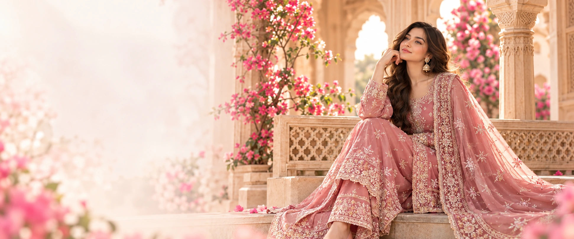 Blush embroidered Pakistani ensemble in a floral courtyard